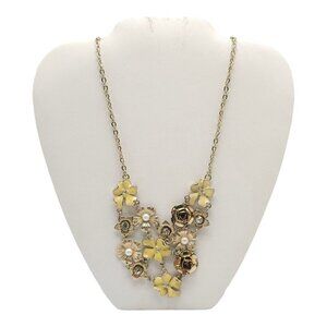 Enamel Floral Pearl Chain Bib Necklace Gold Tone Lobster Clasp Adjustable VTG